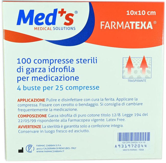 GARZA COMPRESSA IDROFILA MEDS FARMATEXA 2/8 10X10CM 100 PEZZI - Farmacia Rossi2 - Farmacia Rossi 