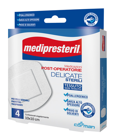 CEROTTO DI MEDICAZIONE STERILE CON SUPPORTO IN TNT MEDIPRESTERIL POSTOPERATORIO DELICATO 10X10 CM 4 PEZZI - Farmacia Rossi2 - Farmacia Rossi 
