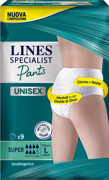 LINES SPECIALIST PANTS SUPER L X 9 PANNOLONE MUTANDINA INDOSSABILE COME NORMALE BIANCHERIA TIPO PULL-ON - Farmacia Rossi2 - Farmacia Rossi 