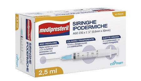 SIRINGA IPODERMICA MEDIPRESTERIL AGO 23 GAUGE 1 1/4 0,6X30MM 2,5 ML 10 PEZZI - Farmacia Rossi2 - Farmacia Rossi 