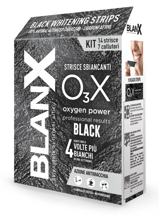 BLANX O3X BLACK STRISCE SBIANCANTI E ANTIMACCHIA 14 PEZZI - Farmacia Rossi2 - Farmacia Rossi 