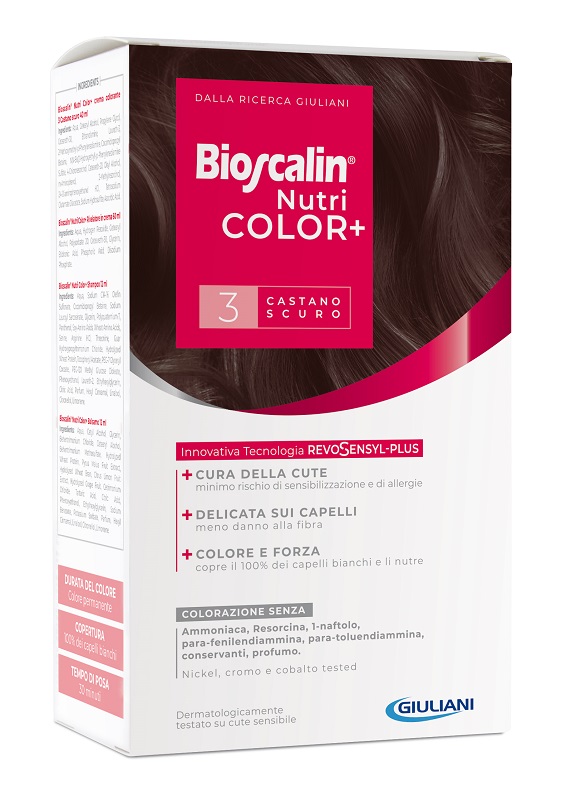 BIOSCALIN NUTRICOLOR PLUS 3 CASTANO SCURO CREMA COLORANTE 40 ML + RIVELATORE CREMA 60 ML + SHAMPOO 12 ML + TRATTAMENTO FINALE BALSAMO 12 ML - Farmacia Rossi2 - Farmacia Rossi 