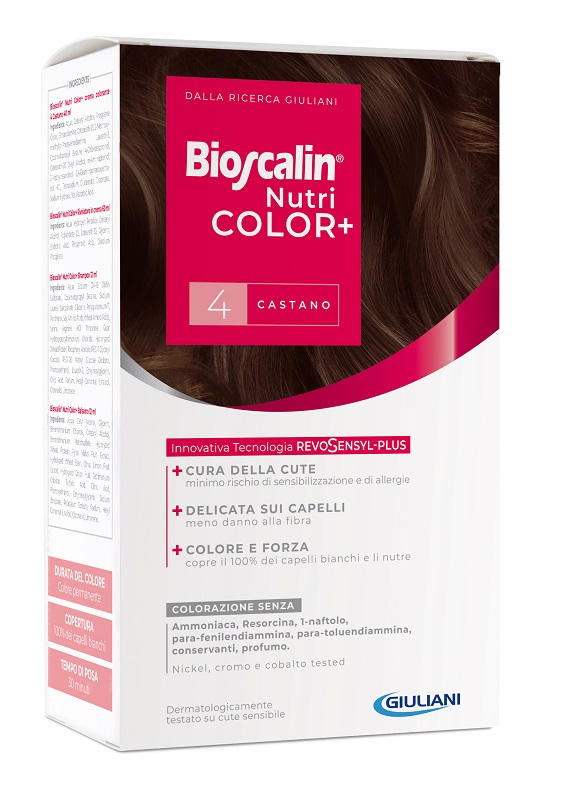 BIOSCALIN NUTRICOLOR PLUS 4 CASTANO CREMA COLORANTE 40 ML + RIVELATORE CREMA 60 ML + SHAMPOO 12 ML + TRATTAMENTO FINALE BALSAMO 12 ML - Farmacia Rossi2 - Farmacia Rossi 