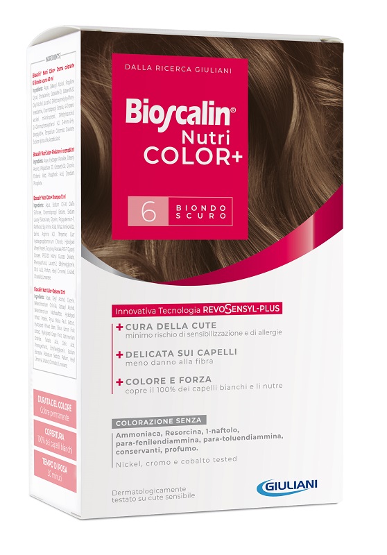 BIOSCALIN NUTRICOLOR PLUS 6 BIONDO SCURO CREMA COLORANTE 40 ML + RIVELATORE CREMA 60 ML + SHAMPOO 12 ML + TRATTAMENTO FINALE BALSAMO 12 ML - Farmacia Rossi2 - Farmacia Rossi 