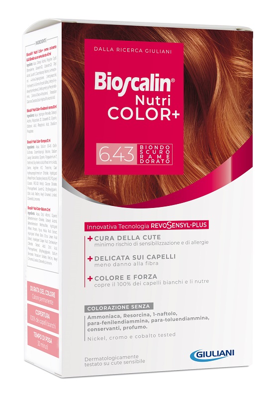 BIOSCALIN NUTRICOLOR PLUS 6,43 BIONDO SCURO RAME DORATO CREMA COLORANTE 40 ML + RIVELATORE CREMA 60 ML + SHAMPOO 12 ML + TRATTAMENTO FINALE BALSAMO 12 ML - Farmacia Rossi2 - Farmacia Rossi 