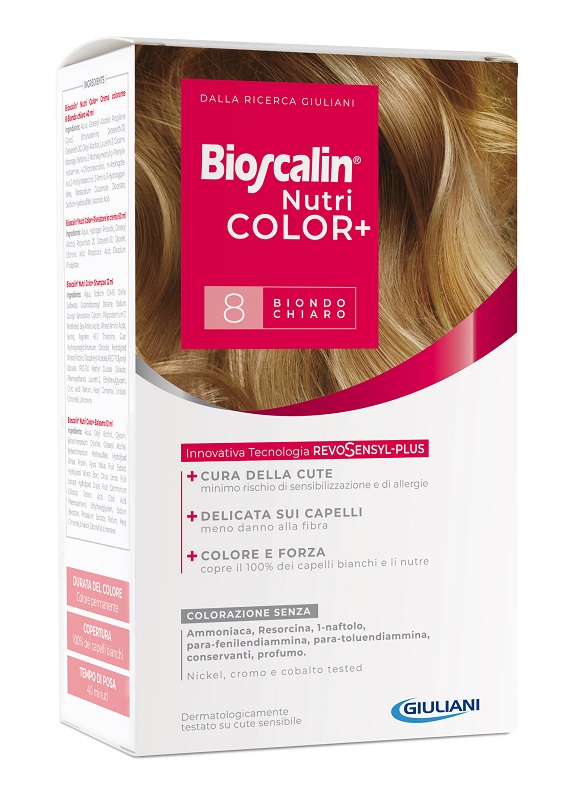 BIOSCALIN NUTRICOLOR PLUS 8 BIONDO CHIARO CREMA COLORANTE 40 ML + RIVELATORE CREMA 60 ML + SHAMPOO 12 ML + TRATTAMENTO FINALE BALSAMO 12 ML - Farmacia Rossi2 - Farmacia Rossi 
