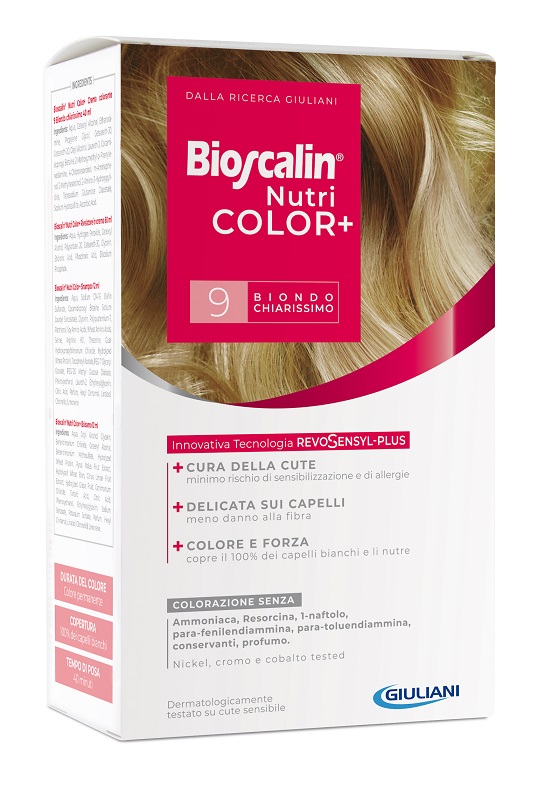 BIOSCALIN NUTRICOLOR PLUS 9 BIONDO CHIARISSIMO CREMA COLORANTE 40 ML + RIVELATORE CREMA 60 ML + SHAMPOO 12 ML + TRATTAMENTO FINALE BALSAMO 12 ML - Farmacia Rossi2 - Farmacia Rossi 