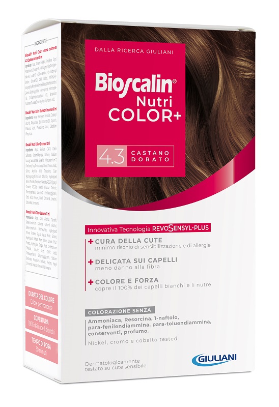 BIOSCALIN NUTRICOLOR PLUS 4,3 CASTANO DORATO CREMA COLORANTE 40 ML + RIVELATORE CREMA 60 ML + SHAMPOO 12 ML + TRATTAMENTO FINALE BALSAMO 12 ML - Farmacia Rossi2 - Farmacia Rossi 