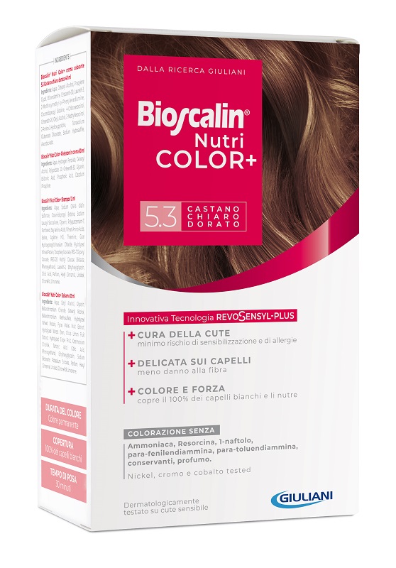 BIOSCALIN NUTRICOLOR PLUS 5,3 CASTANO CHIARO DORATO CREMA COLORANTE 40 ML + RIVELATORE CREMA 60 ML + SHAMPOO 12 ML + TRATTAMENTO FINALE BALSAMO 12 ML - Farmacia Rossi2 - Farmacia Rossi 