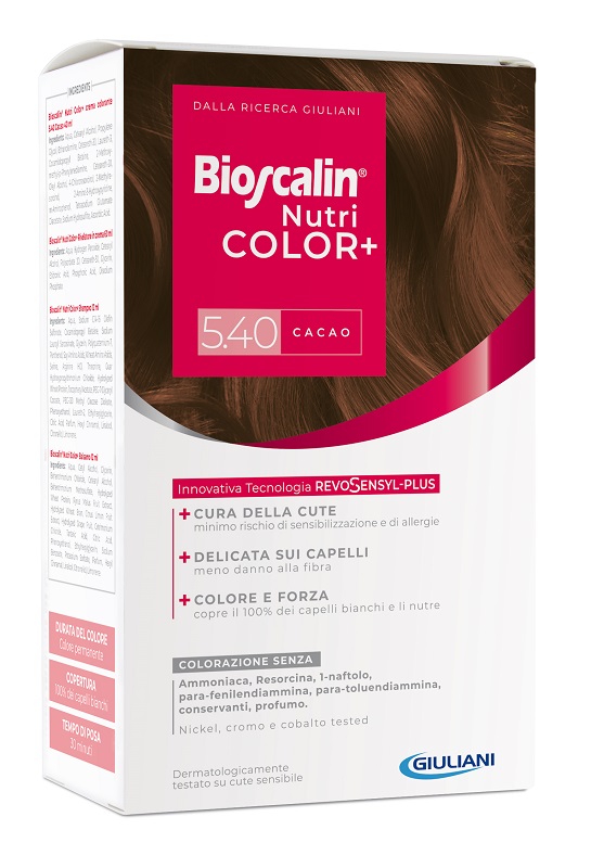 BIOSCALIN NUTRICOLOR PLUS 5,40 CACAO CREMA COLORANTE 40 ML + RIVELATORE CREMA 60 ML + SHAMPOO 12 ML + TRATTAMENTO FINALE BALSAMO 12 ML - Farmacia Rossi2 - Farmacia Rossi 