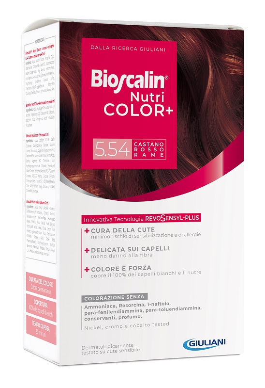 BIOSCALIN NUTRICOLOR PLUS 5,54 CASTANO ROSSO RAME CREMA COLORANTE 40 ML + RIVELATORE CREMA 60 ML + SHAMPOO 12 ML + TRATTAMENTO FINALE BALSAMO 12 ML - Farmacia Rossi2 - Farmacia Rossi 