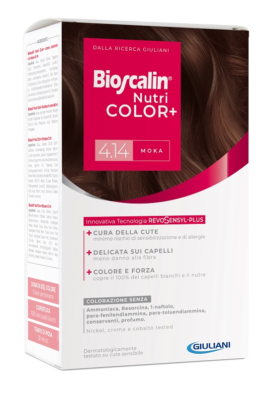 BIOSCALIN NUTRICOLOR PLUS 4,14 MOKA CREMA COLORANTE 40 ML + RIVELATORE CREMA 60 ML + SHAMPOO 12 ML + TRATTAMENTO FINALE BALSAMO 12 ML - Farmacia Rossi2 - Farmacia Rossi 