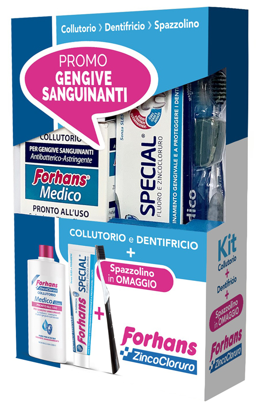 FORHANS KIT GENGIVE SANGUINANTI 1 FORHANS COLLUTORIO MEDICO 250 ML + 1 FORHANS DENTIFRICIO SPECIAL 75 ML + 1 FORHANS SPAZZOLINO MEDICO IN OMAGGIO - Farmacia Rossi2 - Farmacia Rossi 