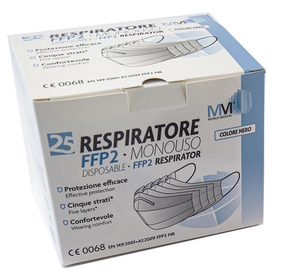 MUNUS MEDICAL RESPIRATORE FFP2 NR CLASSE III NERO 25 PEZZI - Farmacia Rossi2 - Farmacia Rossi 
