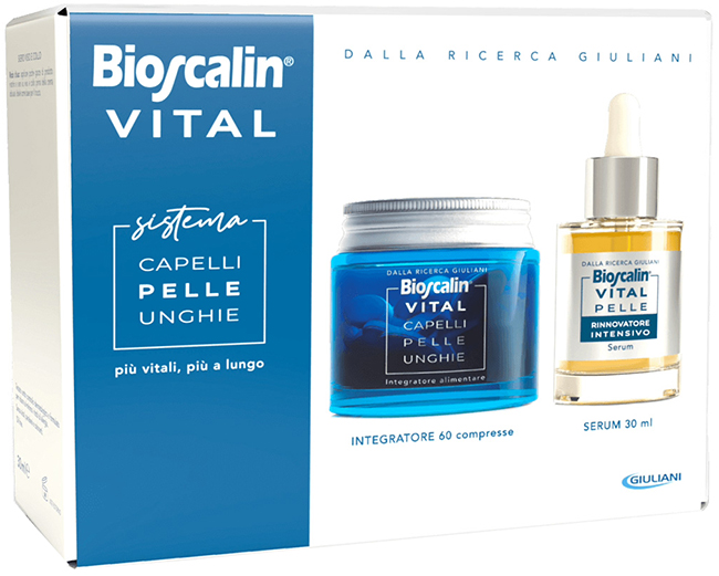 BIOSCALIN VITAL SISTEMA CAPELLI PELLE & UNGHIE BIOSCALIN CAPELLI PELLE & UNGHIE 60 COMPRESSE + SIERO RIGENERANTE VISO 30 ML - Farmacia Rossi2 - Farmacia Rossi 